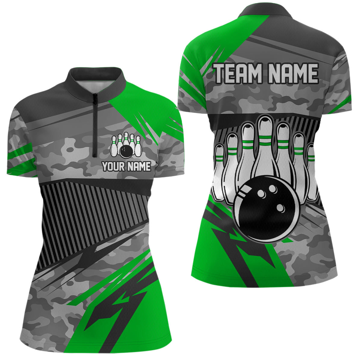 Green Camo Bowling Shirts for Women Men Custom Team Bowling Polo & 1/4 Zip Shirt MBL61
