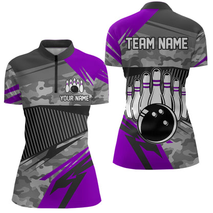 Purple Camo Bowling Shirts for Women Men Custom Team Bowling Polo & 1/4 Zip Shirt MBL61