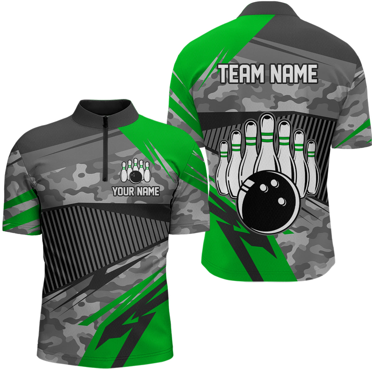 Green Camo Bowling Shirts for Women Men Custom Team Bowling Polo & 1/4 Zip Shirt MBL61
