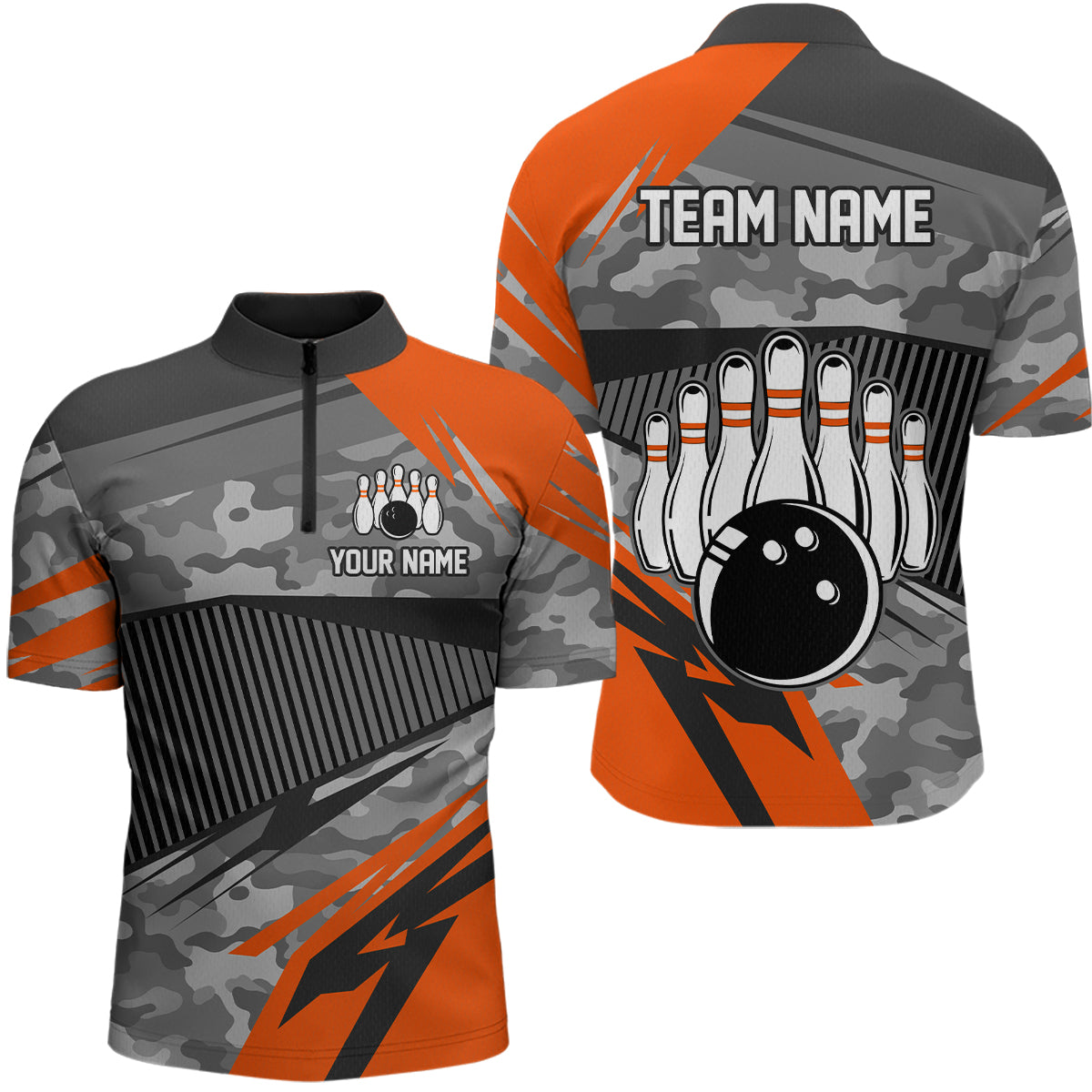 Orange Camo Bowling Shirts for Women Men Custom Team Bowling Polo & 1/4 Zip Shirt MBL61