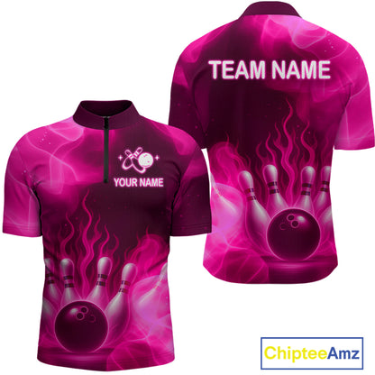 Pink Flaming Bowling Shirts for Women Men Custom Team Bowling Polo & Quarter Zip MBL140