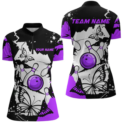 Custom Purple Butterflies Bowling Shirt for Men Women Team Bowling Polo&Quater Zip MBL76