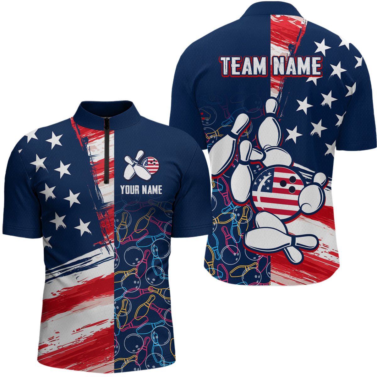 American Flag Bowling Shirts Patriotic Bowling Shirt for Men Women Polo&1/4 Zip Shirt MBL21