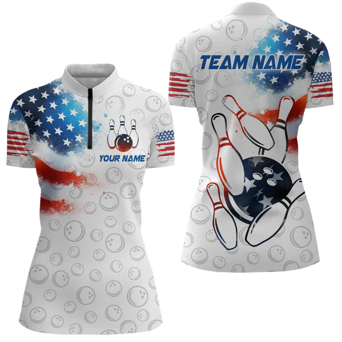 American Bowling Shirt Patriotic Bowling Shirts for Men Women Bowling Polo 1/4 Zip Shirt MBL26