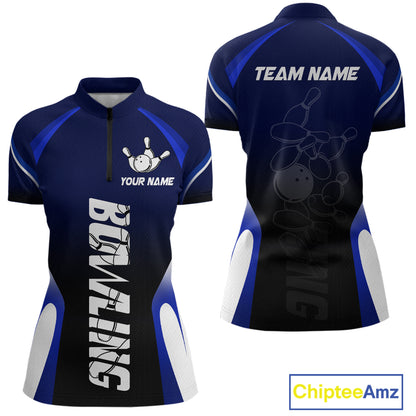 Custom Blue Bowling Shirt for Men Women Team Bowling Jerseys Polo 1/4 Zip MBL106