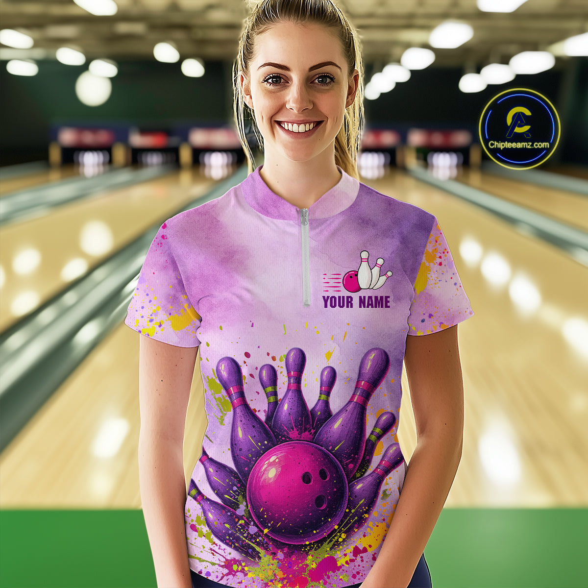 Purple Bowling Shirts for Women Men Team Bowling Polo & Quarter Zip for Bowlers MBL119