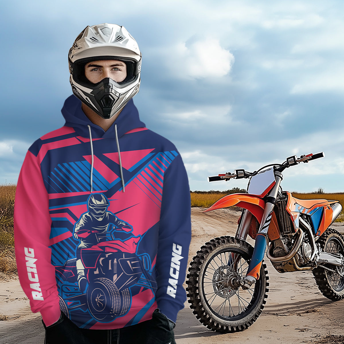 Custom Pink and Blue ATV Motocross Hoodie for Men Women Quad Shirt ATV Hoodie MHATV19