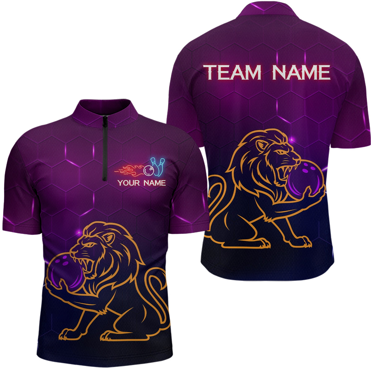 Neon Purple Lion Bowling Shirts for Men Women Team Bowling Jerseys Polo and Zip Shirt MBL165