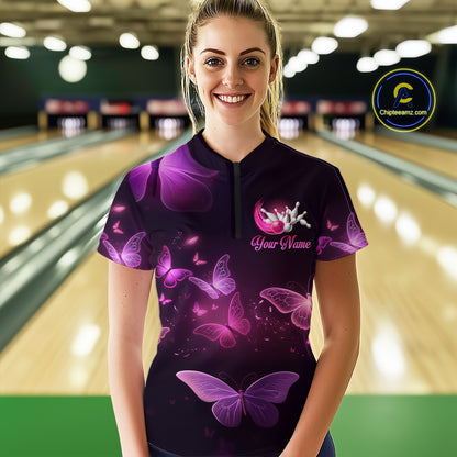Purple Butterflies Bowling Shirts Men Women Team Bowling Jerseys Polo and Zip Shirt MBL166
