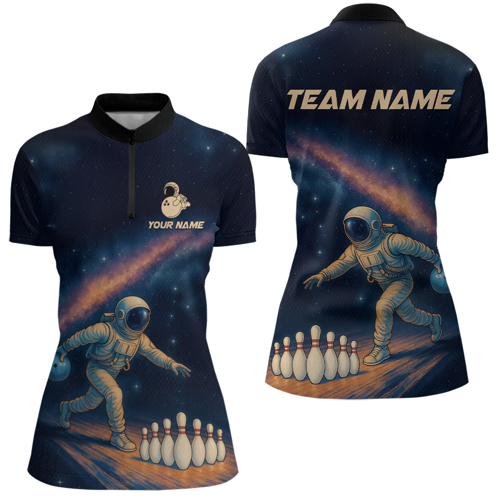 Astronaut Bowling Shirts for Women Men Team Bowling Jerseys Galaxy Bowl Polo 1/4 Zip MBL167