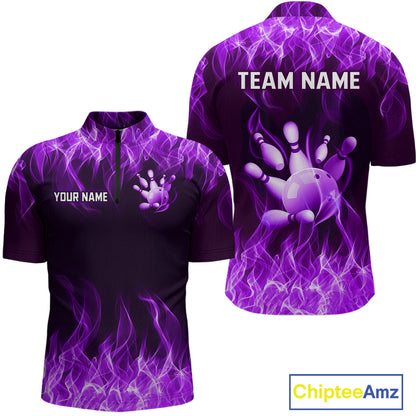 Custom Purple Flame Bowling Jersey for Men Bowling Uniform Polo & 1/4 Zip Bowling Team Shirts HNT106