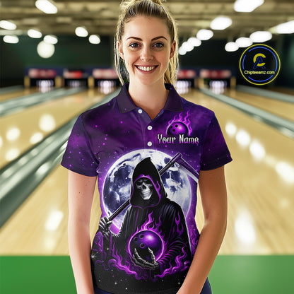 Custom Purple Skeleton Bowling Jersey for Women Bowling Uniform Polo & 1/4 Zip Bowling Team Shirts HNT109