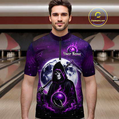 Custom Purple Skeleton Bowling Jersey for Men Bowling Uniform Polo & 1/4 Zip Bowling Team Shirts HNT109