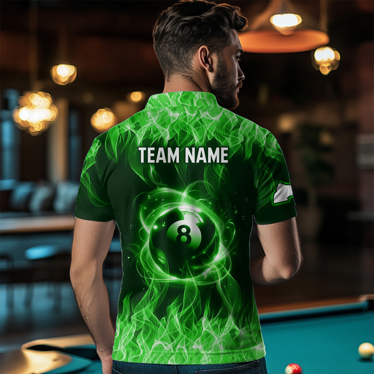 Green Flaming 8 Ball Pool Shirts Men Billiard Polo & 1/4 Zip Shirts Billiard Team Jerseys NNT10