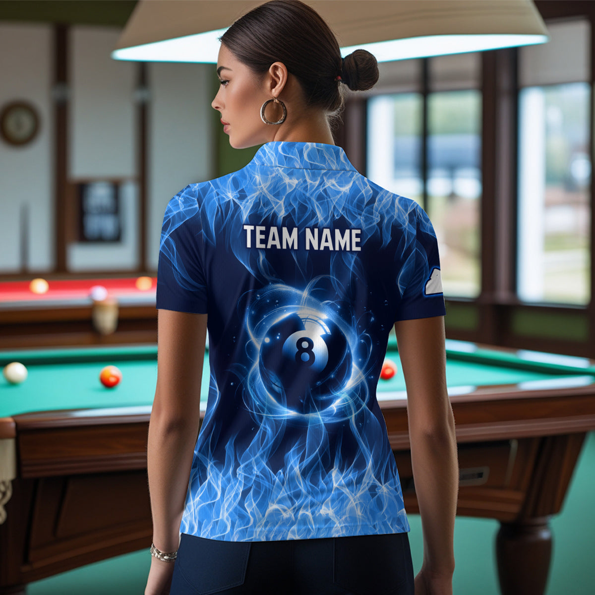 Blue Flaming 8 Ball Pool Shirts Women Billiard Polo & 1/4 Zip Shirts Billiard Team Jerseys NNT10
