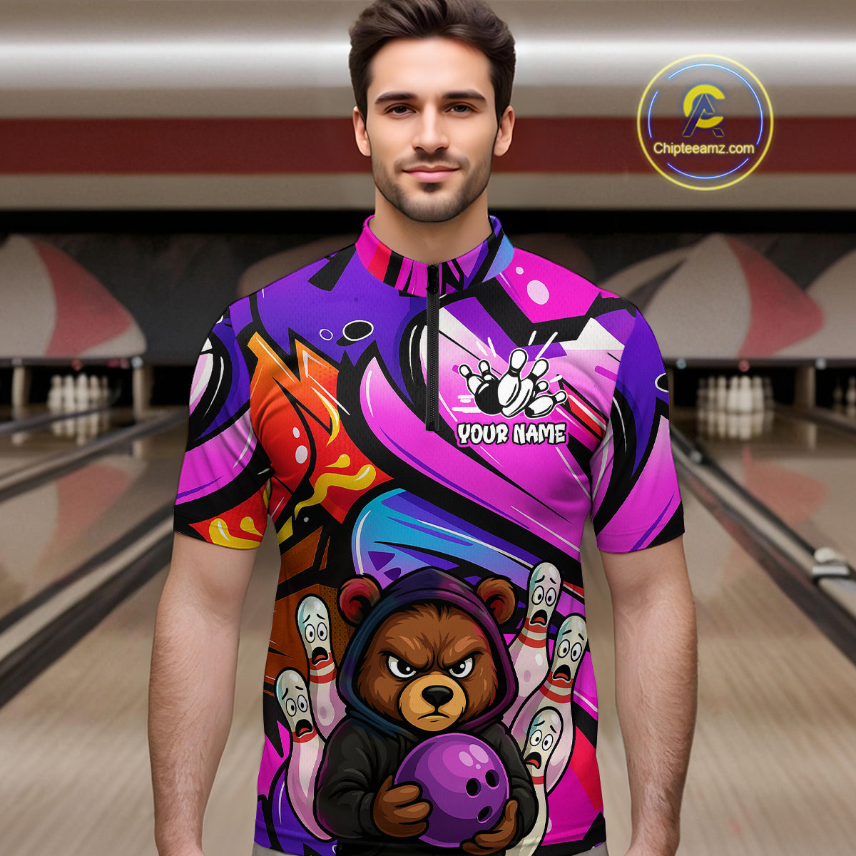 Custom Funny Bear Bowling Men Bowling Shirt Polo & Quarter-Zip Bowling Team Jerseys HNT84