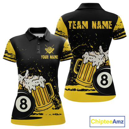 Custom Black and Yellow 8 Ball Beer Billiard Shirts for Women, Billiard Team Polo & 1/4 Zip Shirts NNT68