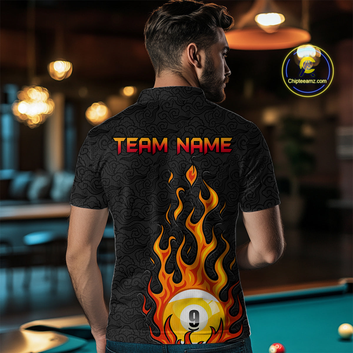 Custom 9 Ball Flaming Billiard Shirts for Men Billiard Team Shirts Billiard League NNT71