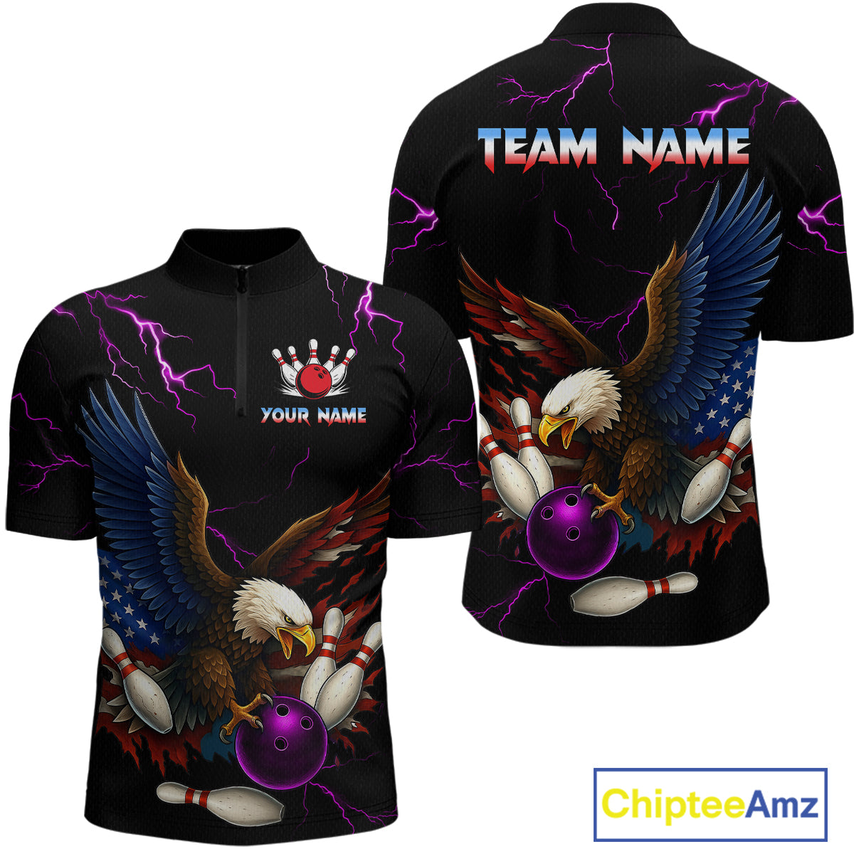 Purple Thunder US Flag Eagle Bowling Shirts for Men Team Bowling Polo & Quarter-Zip HNT96