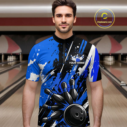 Custom Blue Bowling Jersey for Men Bowling Uniform Polo & 1/4 Zip Bowling Team Shirts HNT105