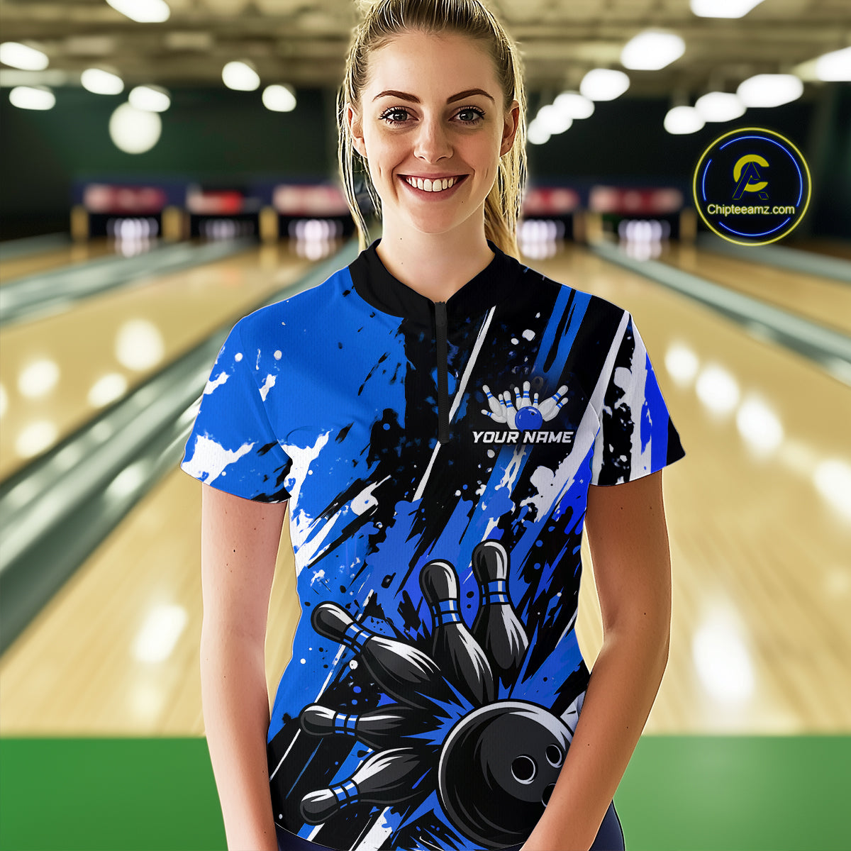 Custom Blue Bowling Jersey for Women Bowling Uniform Polo & 1/4 Zip Bowling Team Shirts HNT105