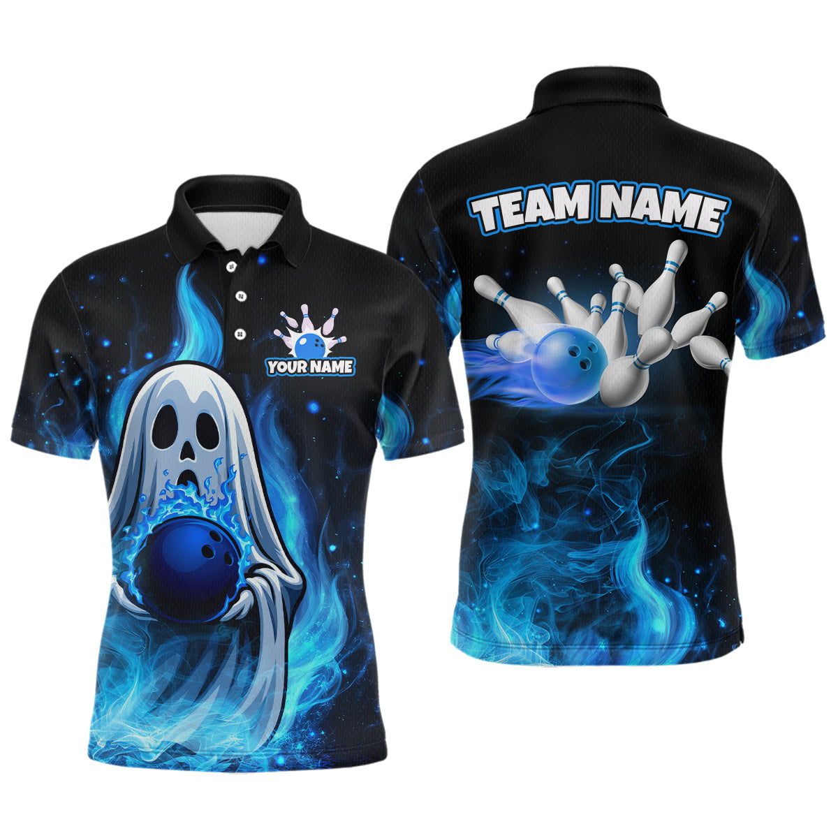 Bowling-themed polo shirt with ghost and bowling ball design on front, and bowling pins and ball on back, on a white background.