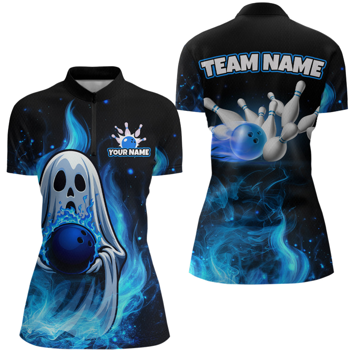 Bowling shirt with ghost and blue ball design on front, and bowling ball and pins on back