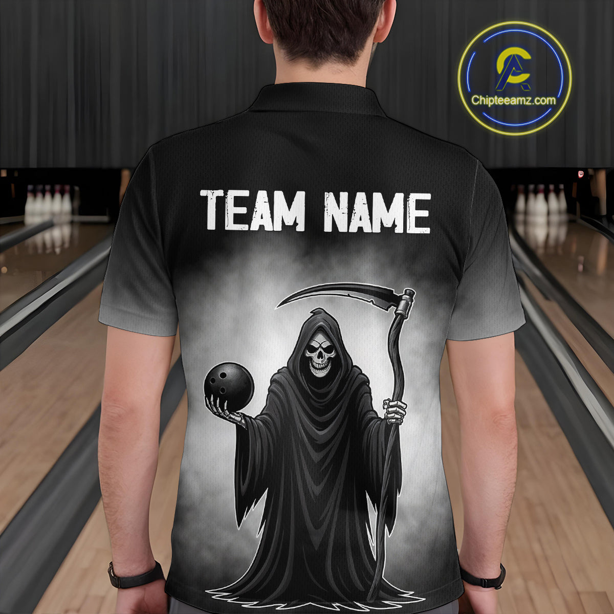 Custom Black Skeleton Bowling Jersey for Men Bowling Uniform Polo & 1/4 Zip Bowling Team Shirts HNT110