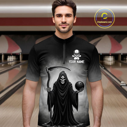 Custom Black Skeleton Bowling Jersey for Men Bowling Uniform Polo & 1/4 Zip Bowling Team Shirts HNT110