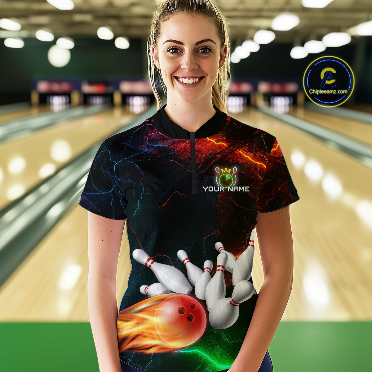 Custom Colorful Lightning Bowling Jersey for Women Bowling Uniform Polo & 1/4 Zip Bowling Team Shirts HNT113