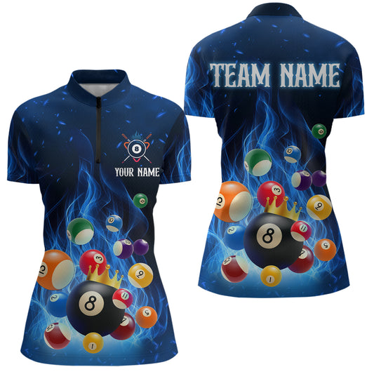 Blue Flaming Billiards Shirt 8 Ball Billiards Shirt Women Polo Shirts & 1/4 Zip NNT09