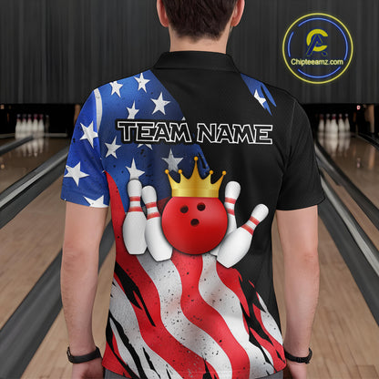 Custom US Flag Crown Bowling Men Bowling Shirt Polo & Quarter-Zip Bowling Team Jerseys HNT85