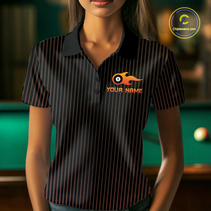 Custom Orange 8 Ball Flame Billiard Shirts for Women, Billiard Team Polo & 1/4 Zip Shirts NNT62