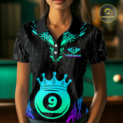 Custom Black 9 Ball Crown Neon Billiard Shirts for Women Billiard Team Shirts Billiard League NNT74