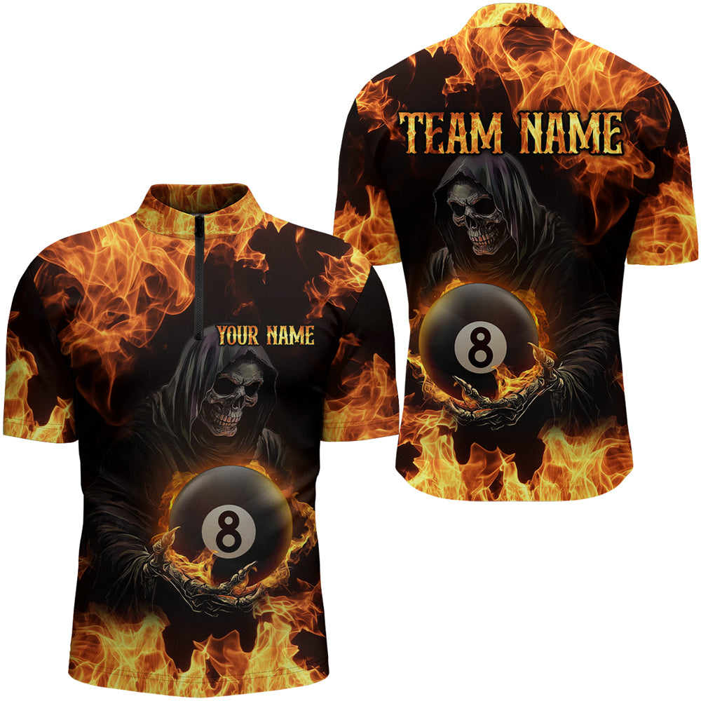 Flame Skeleton 8 Ball Billiard Shirts for Men Custom Billiard Team Shirts Polo & 1/4 Zip NNT101