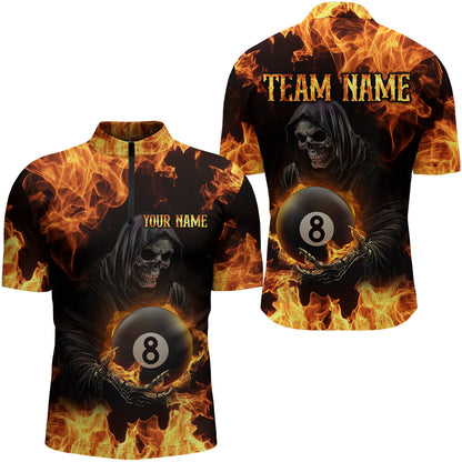 Flame Skeleton 8 Ball Billiard Shirts for Men Custom Billiard Team Shirts Polo & 1/4 Zip NNT101