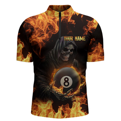 Flame Skeleton 8 Ball Billiard Shirts for Men Custom Billiard Team Shirts Polo & 1/4 Zip NNT101