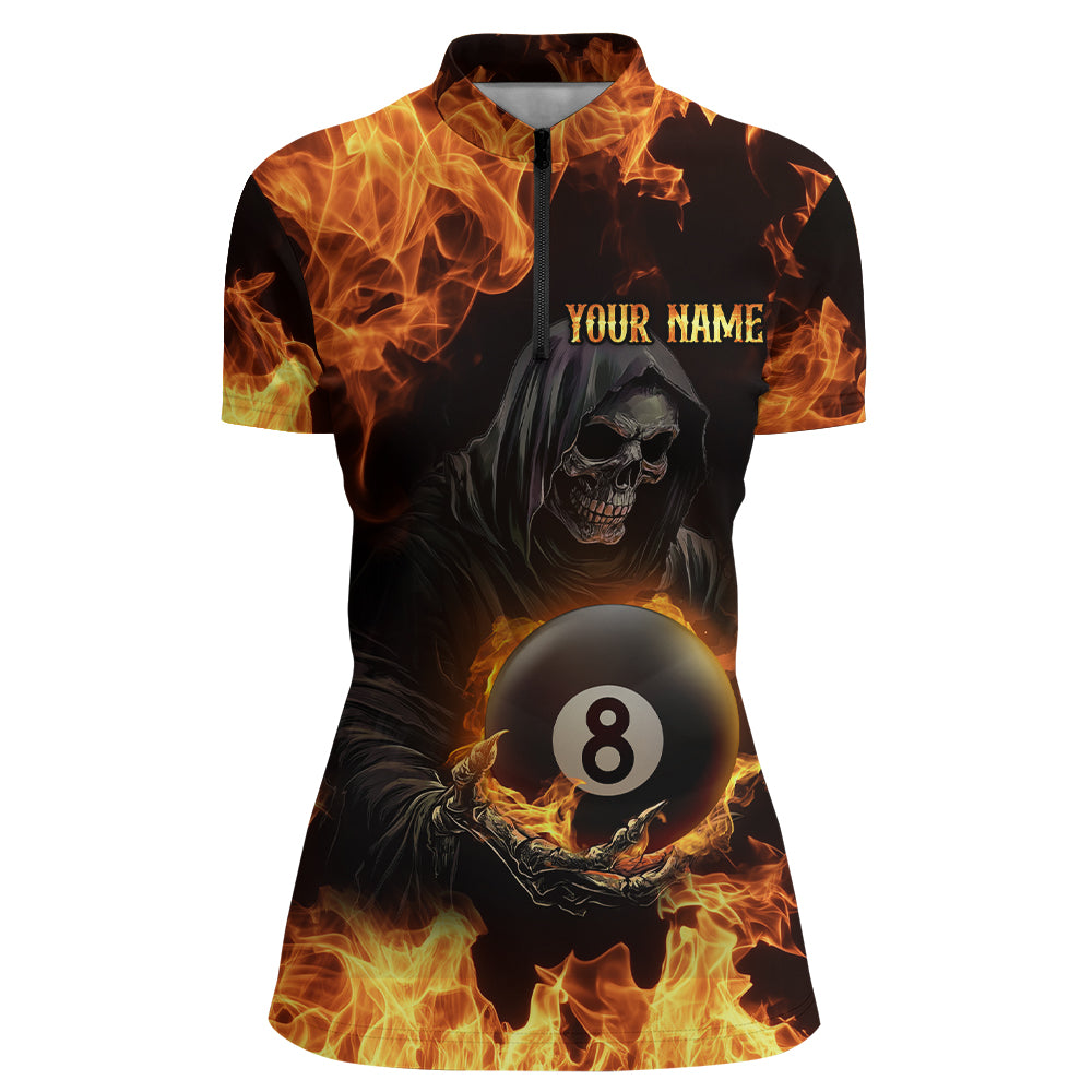 Flame Skeleton 8 Ball Billiard Shirts for Women Custom Billiard Team Shirts Polo & 1/4 Zip NNT101