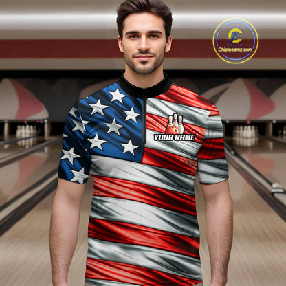 Custom American Flag Bowling Men Shirts Bowling Uniform Polo & 1/4 Zip Bowling Team Jerseys HNT97