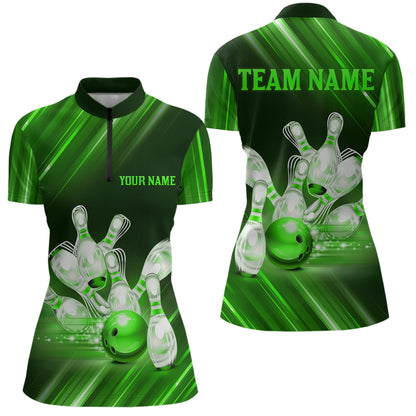 Custom Green Bowling Jersey for Women Bowling Team Shirts Bowling Uniform Polo & 1/4 Zip HNT162