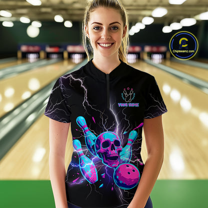 Custom Thunder Skull Flame Bowling Women Polo & 1/4 Zip Shirts Bowling Team Jerseys HNT93