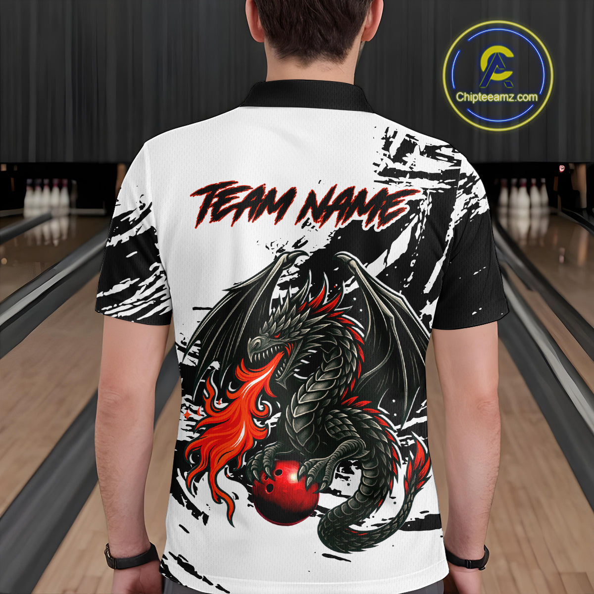 Custom Black Dragon Flame Bowling Men Shirts Bowling Gifts Polo & 1/4 Zip Bowling Team Jerseys HNT100