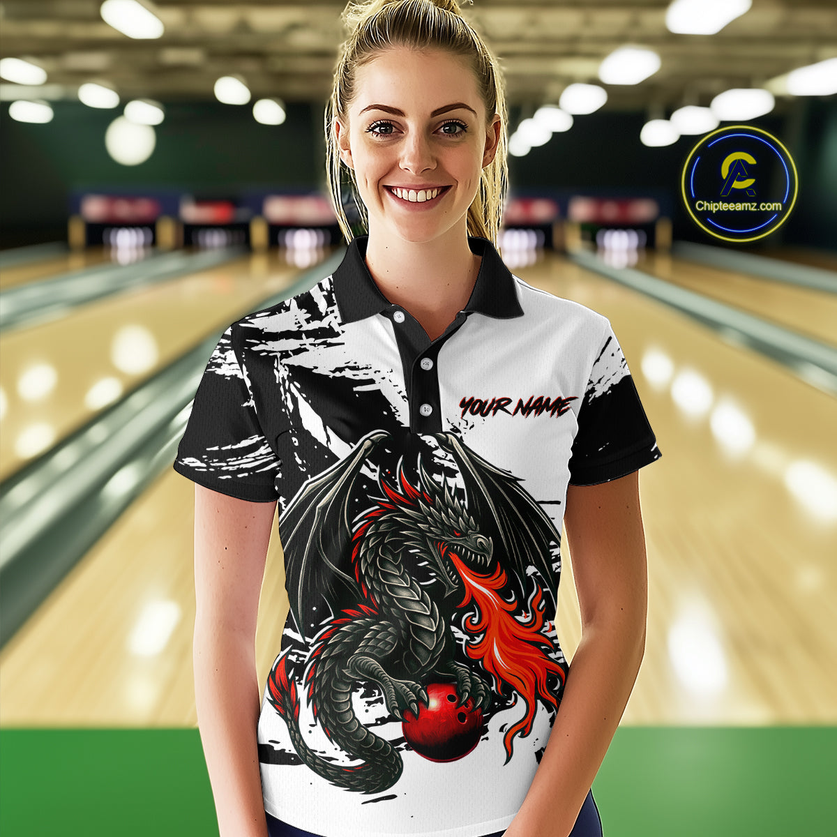 Custom Black Dragon Flame Bowling Women Shirts Bowling Gifts Polo & 1/4 Zip Bowling Team Jerseys HNT100