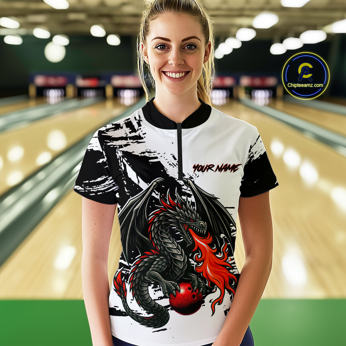Custom Black Dragon Flame Bowling Women Shirts Bowling Gifts Polo & 1/4 Zip Bowling Team Jerseys HNT100