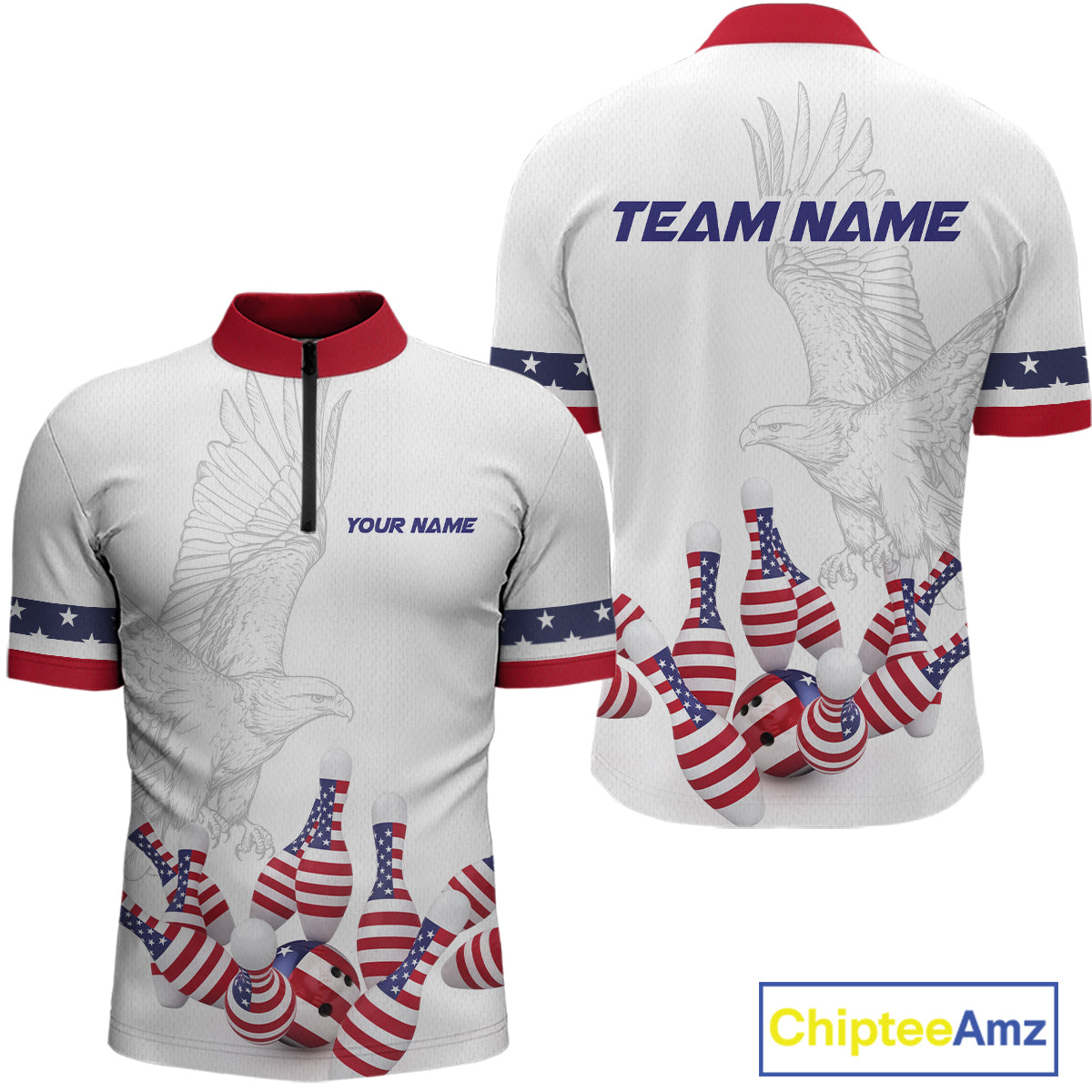 Custom Eagle US Flag Bowling Men Bowling Shirt Polo & Quarter-Zip Bowling Team Jerseys HNT76
