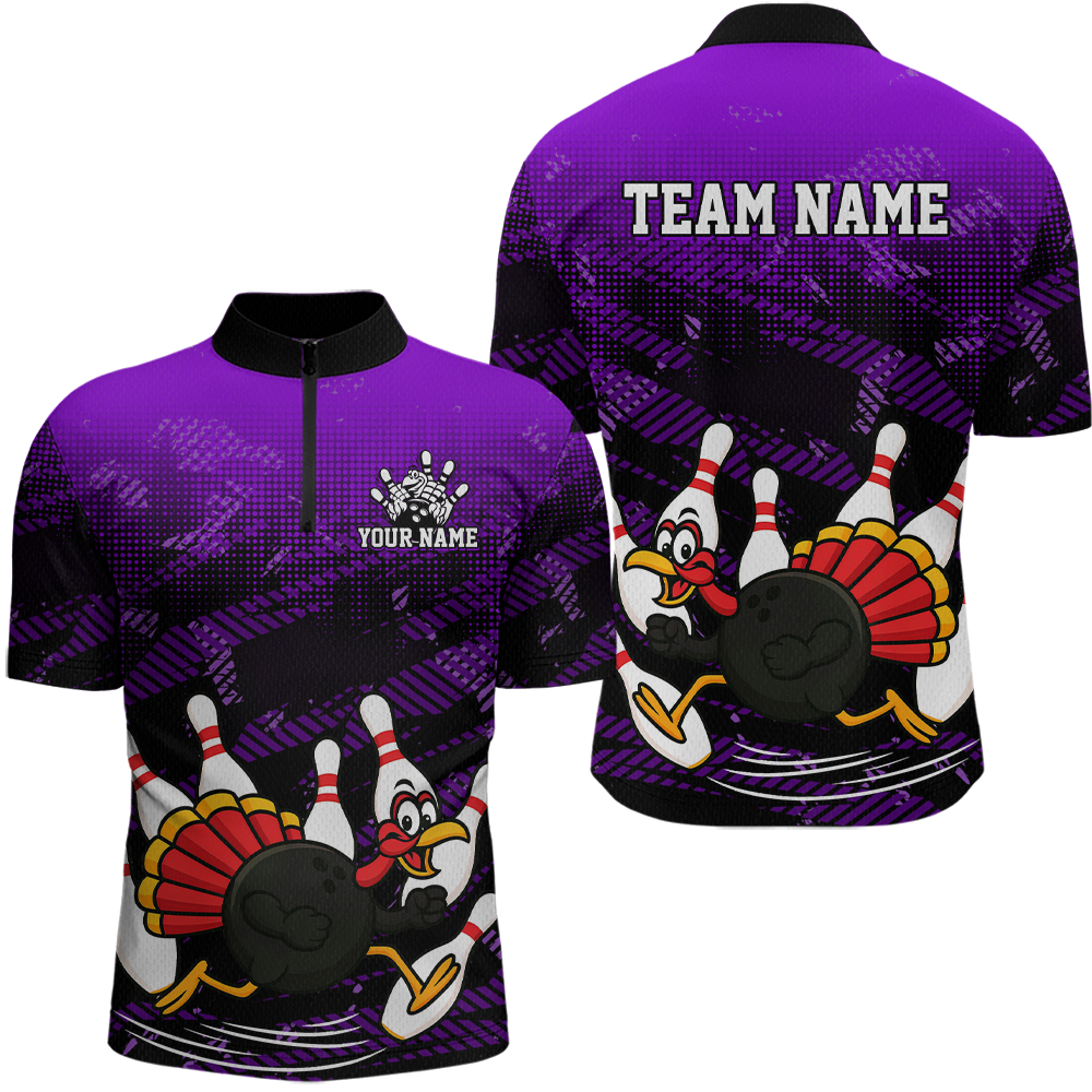 Custom Purple Funny Turkey Bowling Jersey for Men Thanksgiving Bowling Team Shirts Polo & 1/4 Zip HNT125