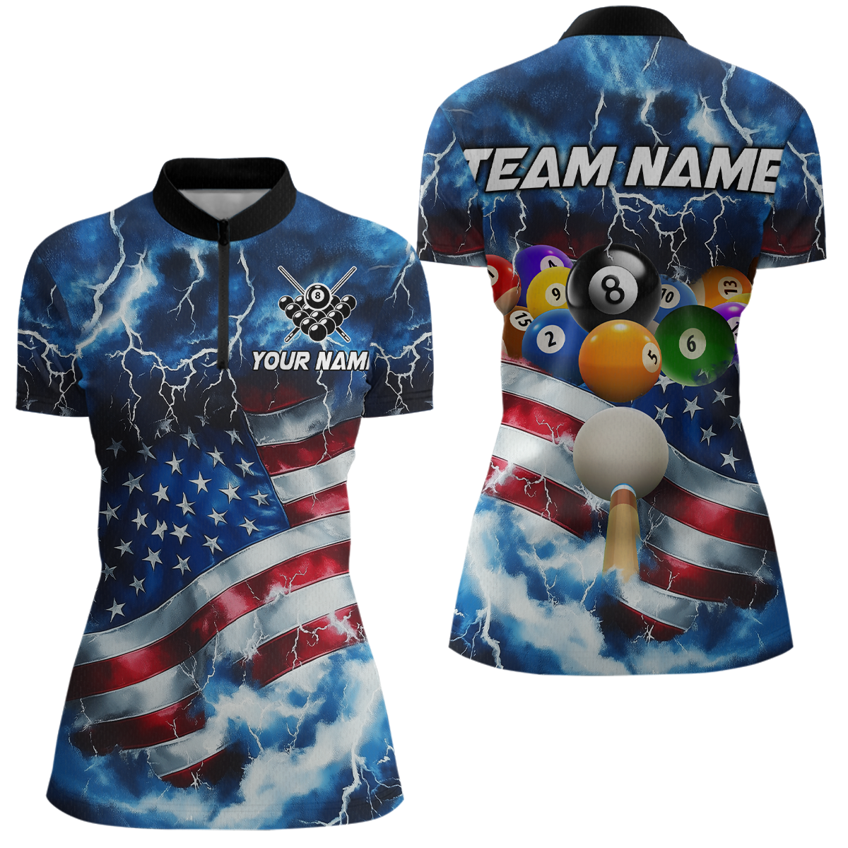 US Flag Thunder Billiards Shirt Women Polo & 1/4 Zip Shirts Billiard Team Jersey for Team NNT11