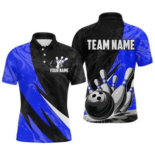 Custom Blue Bowling Custom Men Bowling Shirt Polo & Quarter-Zip Bowling Team Jerseys HNT75