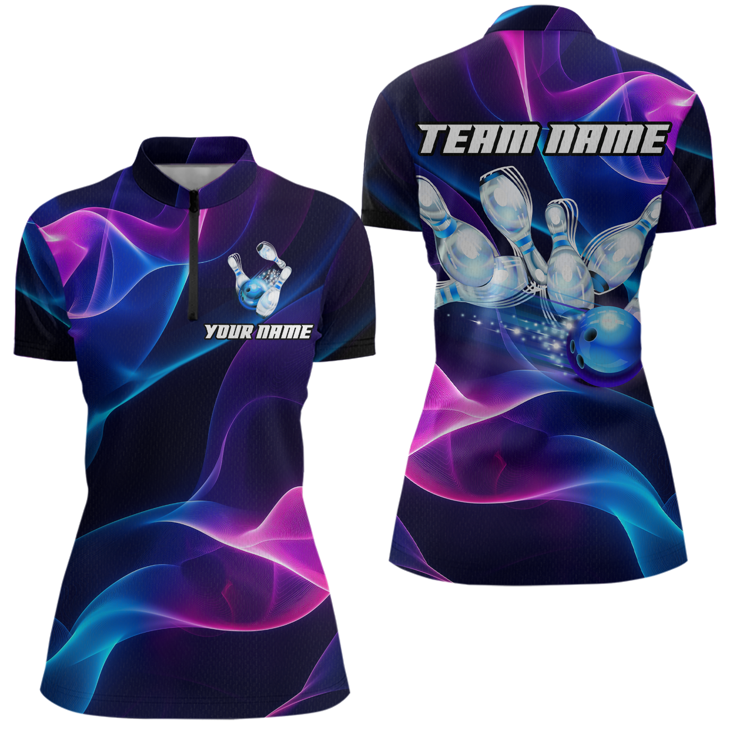 Custom Galaxy Bowling Jersey for Women Polo & 1/4 Zip Bowling Team Shirts Bowling League HNT156