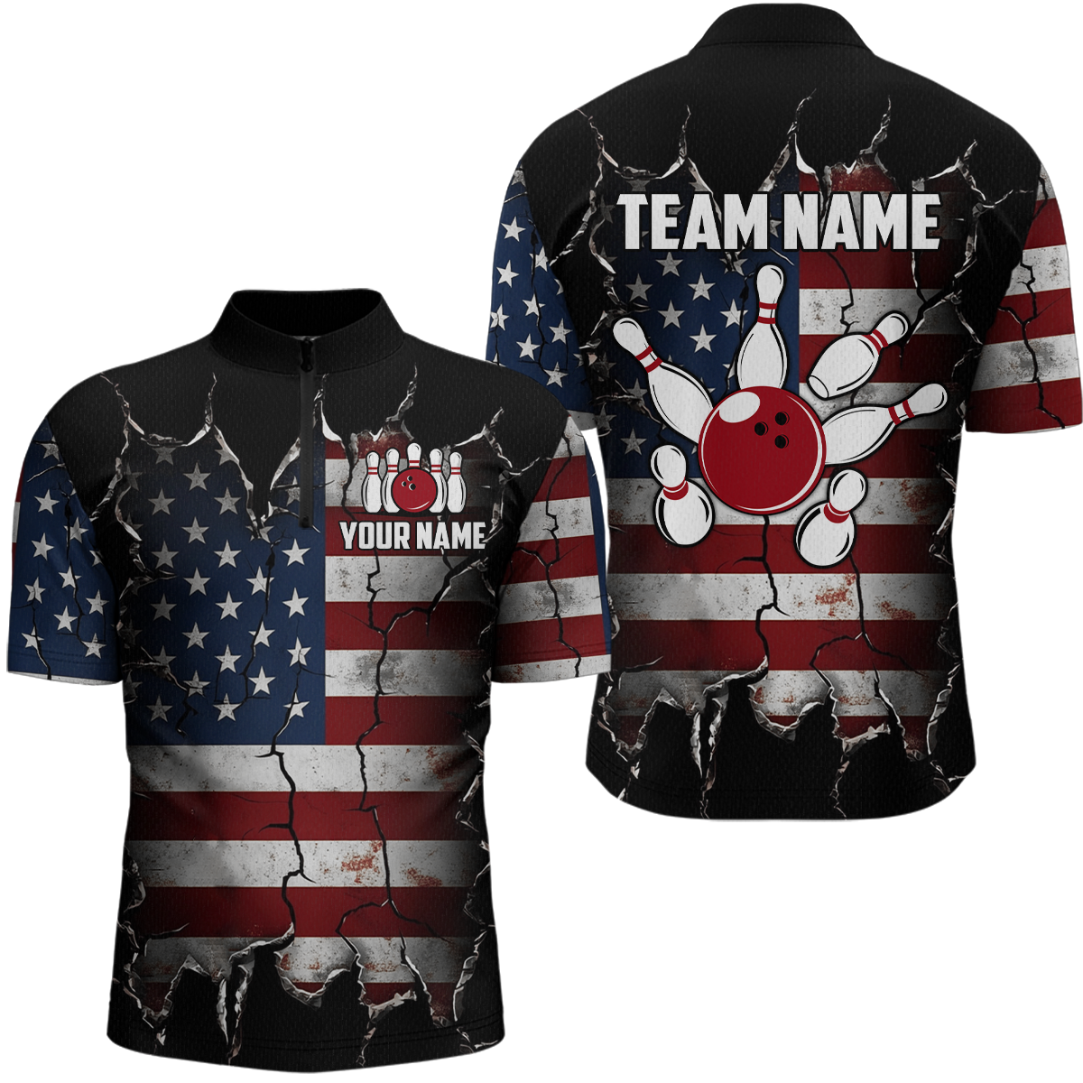 Custom US Flag Bowling Jersey for Men Bowling Team Shirts Bowling Uniform Polo & 1/4 Zip HNT161